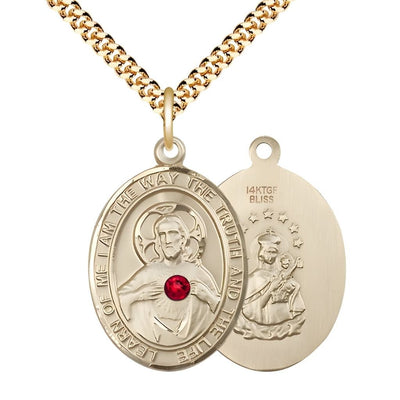 Red Crystal Sacred Heart of Jesus Scapular 14kt Gold-filled Oval Medal Pendant with Gold-plated Chain, Measures 1-inch tall by 3/4-inch wide. Deluxe Gift Box, Bliss Manufacturing