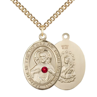 Red Crystal Sacred Heart of Jesus Scapular 14kt Gold-filled Oval Medal Pendant with Gold-filled Chain, Measures 1-inch tall by 3/4-inch wide. Deluxe Gift Box, Bliss Manufacturing