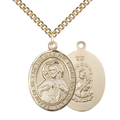 Sacred Heart of Jesus Scapular 14kt Gold-filled Oval Medal Pendant with Gold-filled Chain, Measures 1-inch tall by 3/4-inch wide. Deluxe Gift Box, Bliss Manufacturing