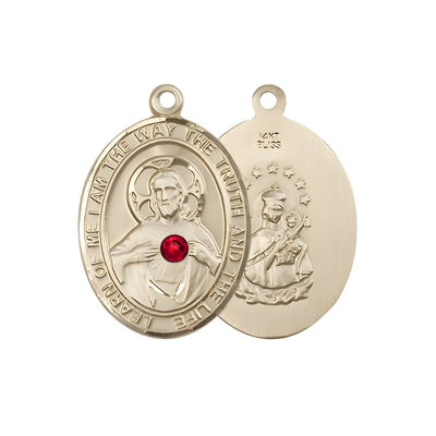 Red Crystal Sacred Heart of Jesus Scapular 14kt Gold Oval Medal Pendant, Measures 1-inch tall by 3/4-inch wide. Deluxe Gift Box, Bliss Manufacturing