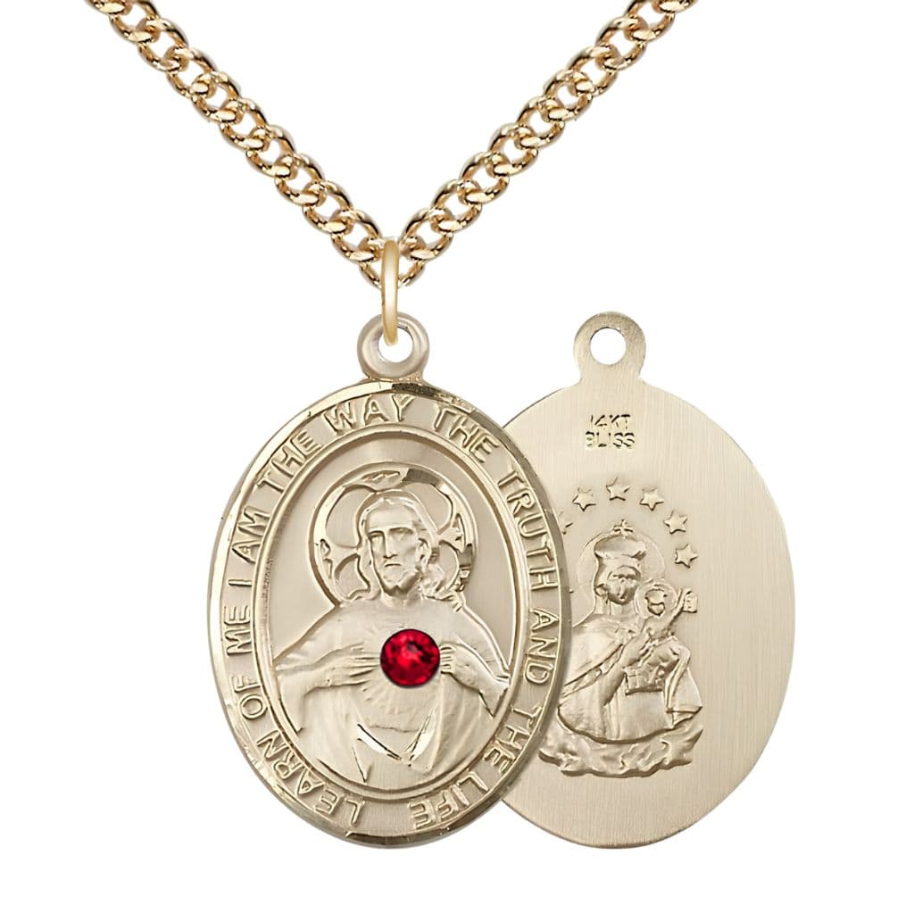 Bliss Red Crystal Sacred Heart of Jesus Scapular 14kt Gold Oval Medal Pendant with 14kt Gold Chain, Measures 1-inch tall by 3/4-inch wide. Deluxe Gift Box.
