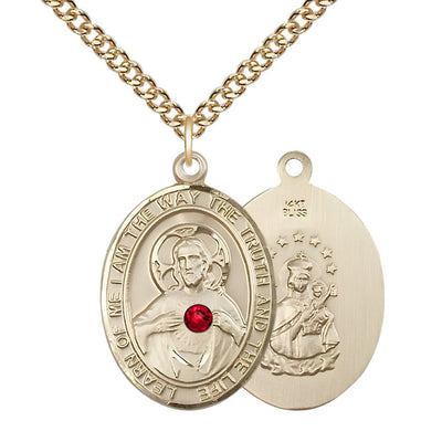 Red Crystal Sacred Heart of Jesus Scapular 14kt Gold Oval Medal Pendant with 14kt Gold Chain, Measures 1-inch tall by 3/4-inch wide. Deluxe Gift Box, Bliss Manufacturing