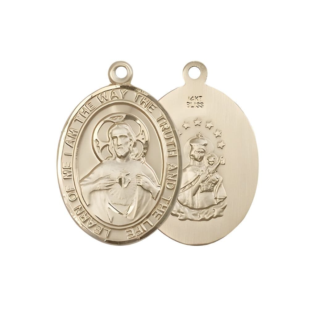 Bliss Sacred Heart of Jesus Scapular 14kt Gold Oval Medal Pendant, Measures 1-inch tall by 3/4-inch wide. Deluxe Gift Box.