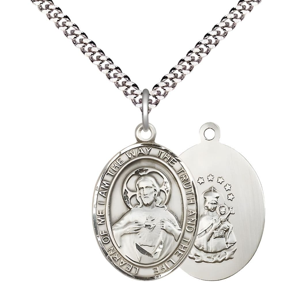 Bliss Sacred Heart of Jesus Scapular Pewter Oval Medal Pendant with Rhodium-plated Chain, Measures 1-inch tall by 3/4-inch wide. Deluxe Gift Box.