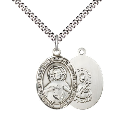 Sacred Heart of Jesus Scapular Pewter Oval Medal Pendant with Rhodium-plated Chain, Measures 1-inch tall by 3/4-inch wide. Deluxe Gift Box, Bliss Manufacturing