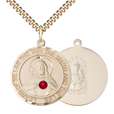 Red Crystal Sacred Heart of Jesus Scapular 14kt Gold-filled Round Medal Pendant with Gold-plated Chain, Measures 1-inch tall by 7/8-inch wide. Deluxe Gift Box, Bliss Manufacturing