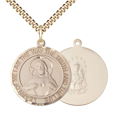 Sacred Heart of Jesus Scapular 14kt Gold-filled Round Medal Pendant with Gold-plated Chain, Measures 1-inch tall by 7/8-inch wide. Deluxe Gift Box, Bliss Manufacturing