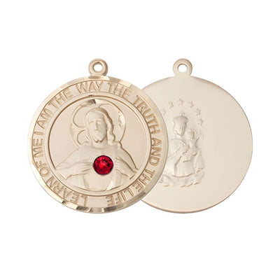 Red Crystal Sacred Heart of Jesus Scapular 14kt Gold Round Medal Pendant, Measures 1-inch tall by 7/8-inch wide. Deluxe Gift Box, Bliss Manufacturing