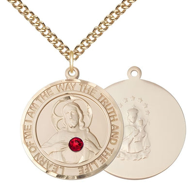 Red Crystal Sacred Heart of Jesus Scapular 14kt Gold Round Medal Pendant with 14kt Gold Chain, Measures 1-inch tall by 7/8-inch wide. Deluxe Gift Box, Bliss Manufacturing