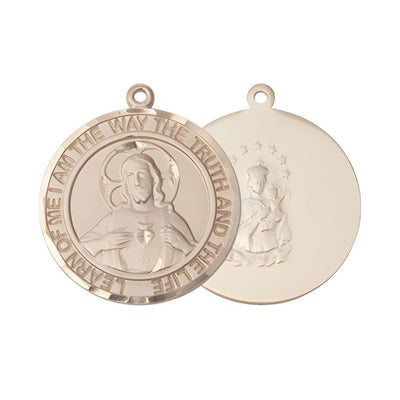 Sacred Heart of Jesus Scapular 14kt Gold Round Medal Pendant, Measures 1-inch tall by 7/8-inch wide. Deluxe Gift Box, Bliss Manufacturing