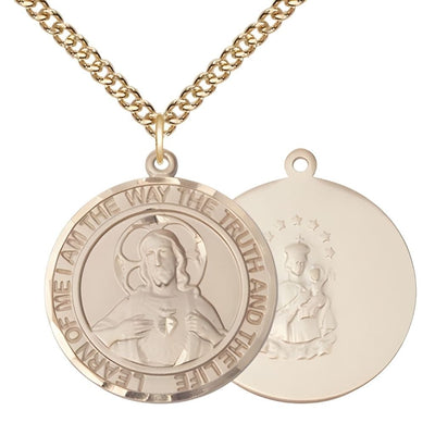 Sacred Heart of Jesus Scapular 14kt Gold Round Medal Pendant with 14kt Gold Chain, Measures 1-inch tall by 7/8-inch wide. Deluxe Gift Box, Bliss Manufacturing
