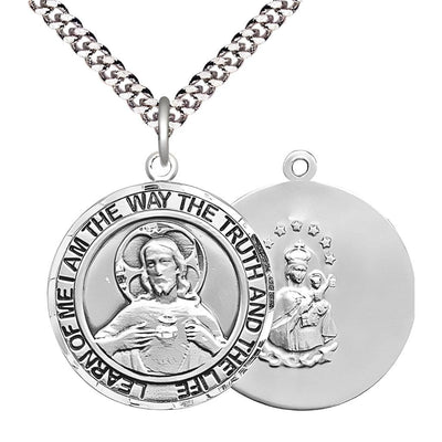 Sacred Heart of Jesus Scapular Pewter Round Medal Pendant with Rhodium-plated Chain, Measures 1-inch tall by 7/8-inch wide. Deluxe Gift Box, Bliss Manufacturing