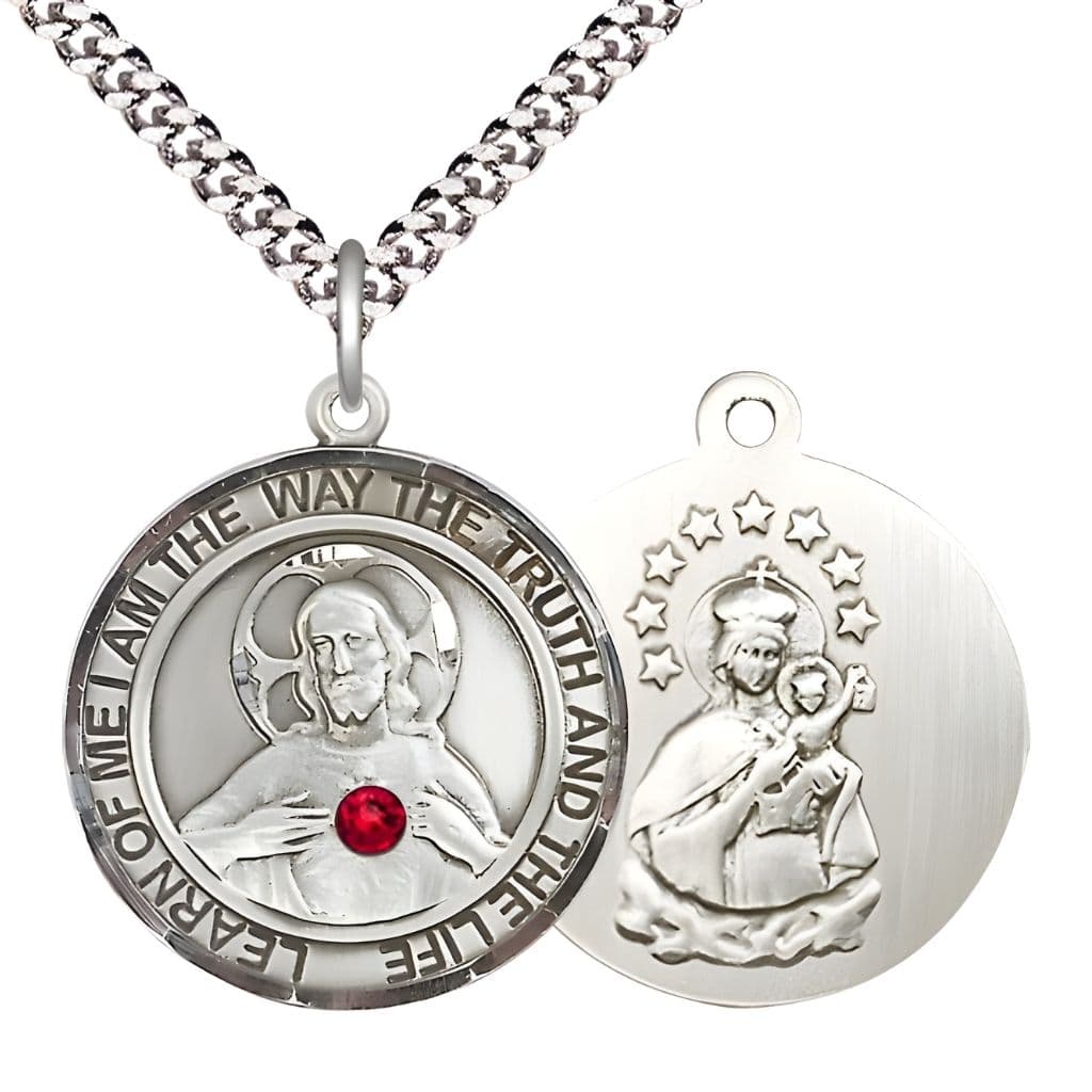 Bliss Red Crystal Sacred Heart of Jesus Scapular Sterling Silver Round Medal Pendant with Rhodium-plated Chain, Measures 1-inch tall by 7/8-inch wide. Deluxe Gift Box.