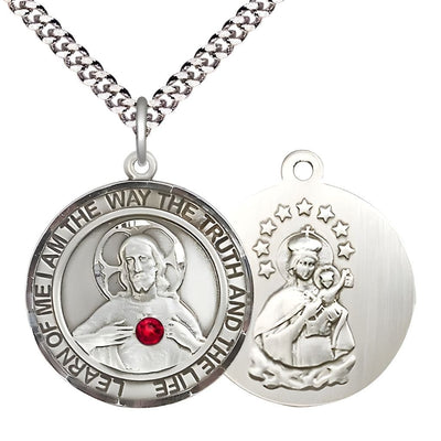 Red Crystal Sacred Heart of Jesus Scapular Sterling Silver Round Medal Pendant with Rhodium-plated Chain, Measures 1-inch tall by 7/8-inch wide. Deluxe Gift Box, Bliss Manufacturing