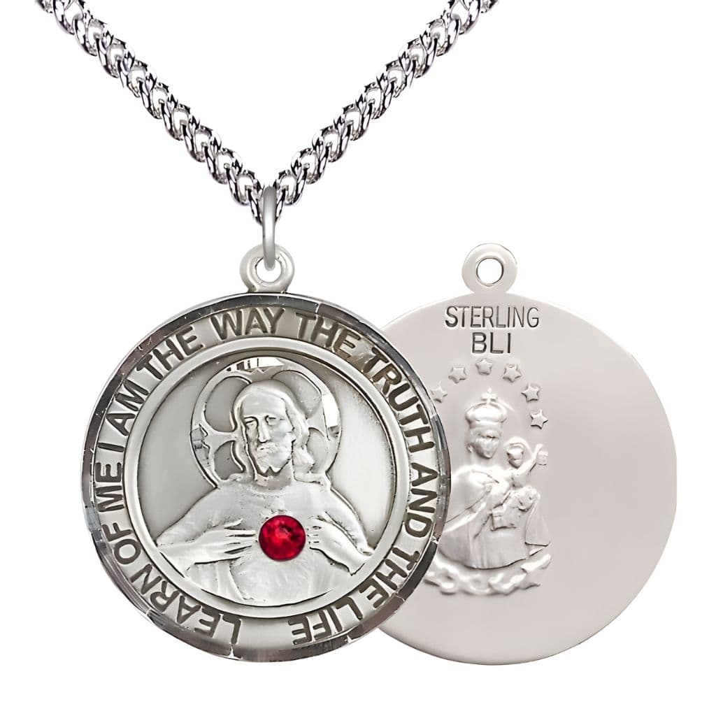 Bliss Red Crystal Sacred Heart of Jesus Scapular Sterling Silver Round Medal Pendant with Sterling Silver Chain, Measures 1-inch tall by 7/8-inch wide. Deluxe Gift Box.