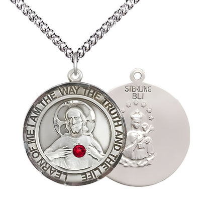 Red Crystal Sacred Heart of Jesus Scapular Sterling Silver Round Medal Pendant with Sterling Silver Chain, Measures 1-inch tall by 7/8-inch wide. Deluxe Gift Box, Bliss Manufacturing