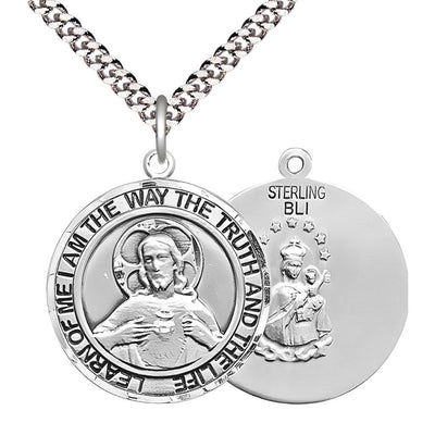 Sacred Heart of Jesus Scapular Sterling Silver Round Medal Pendant with Rhodium-plated Chain, Measures 1-inch tall by 7/8-inch wide. Deluxe Gift Box, Bliss Manufacturing