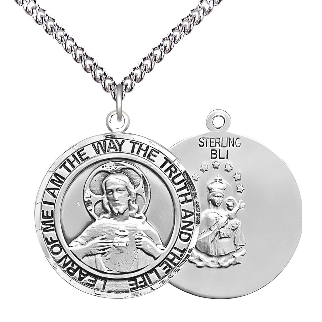 Bliss Sacred Heart of Jesus Scapular Sterling Silver Round Medal Pendant with Sterling Silver Chain, Measures 1-inch tall by 7/8-inch wide. Deluxe Gift Box.