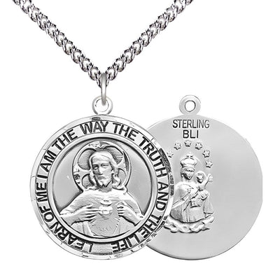 Sacred Heart of Jesus Scapular Sterling Silver Round Medal Pendant with Sterling Silver Chain, Measures 1-inch tall by 7/8-inch wide. Deluxe Gift Box, Bliss Manufacturing