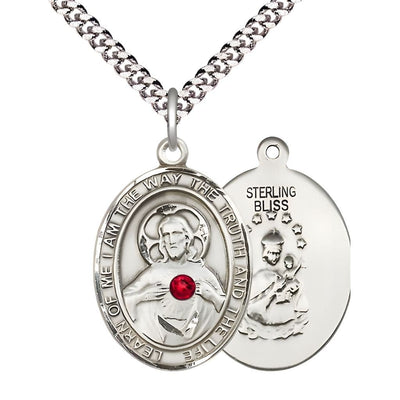 Red Crystal Sacred Heart of Jesus Scapular Sterling Silver Oval Medal Pendant with Rhodium-plated Chain, Measures 1-inch tall by 3/4-inch wide. Deluxe Gift Box, Bliss Manufacturing