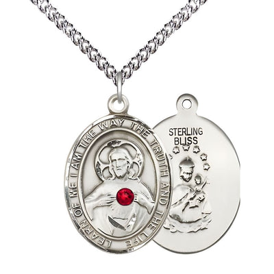 Red Crystal Sacred Heart of Jesus Scapular Sterling Silver Oval Medal Pendant with Sterling Silver Chain, Measures 1-inch tall by 3/4-inch wide. Deluxe Gift Box, Bliss Manufacturing