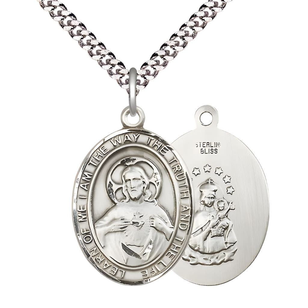 Bliss Sacred Heart of Jesus Scapular Sterling Silver Oval Medal Pendant with Rhodium-plated Chain, Measures 1-inch tall by 3/4-inch wide. Deluxe Gift Box.