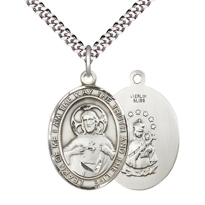 Sacred Heart of Jesus Scapular Sterling Silver Oval Medal Pendant with Rhodium-plated Chain, Measures 1-inch tall by 3/4-inch wide. Deluxe Gift Box, Bliss Manufacturing