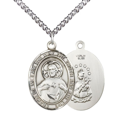 Sacred Heart of Jesus Scapular Sterling Silver Oval Medal Pendant with Sterling Silver Chain, Measures 1-inch tall by 3/4-inch wide. Deluxe Gift Box, Bliss Manufacturing