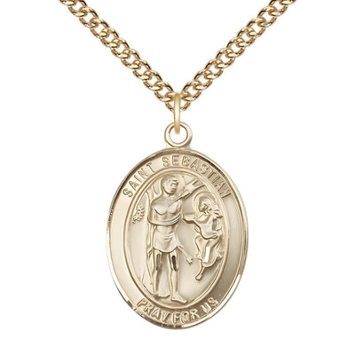 St. Sebastian 14kt Gold-filled Oval Medal Pendant with Gold-filled Chain, Measures 1-inch tall by 3/4-inch wide, Bliss Manufacturing
