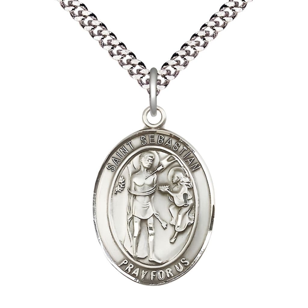 Bliss St. Sebastian Pewter Oval Medal Pendant with Rhodium-plated Chain, Measures 1-inch tall by 3/4-inch wide.