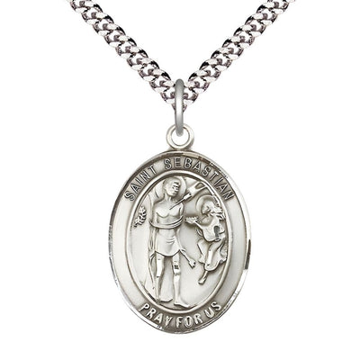 St. Sebastian Pewter Oval Medal Pendant with Rhodium-plated Chain, Measures 1-inch tall by 3/4-inch wide, Bliss Manufacturing