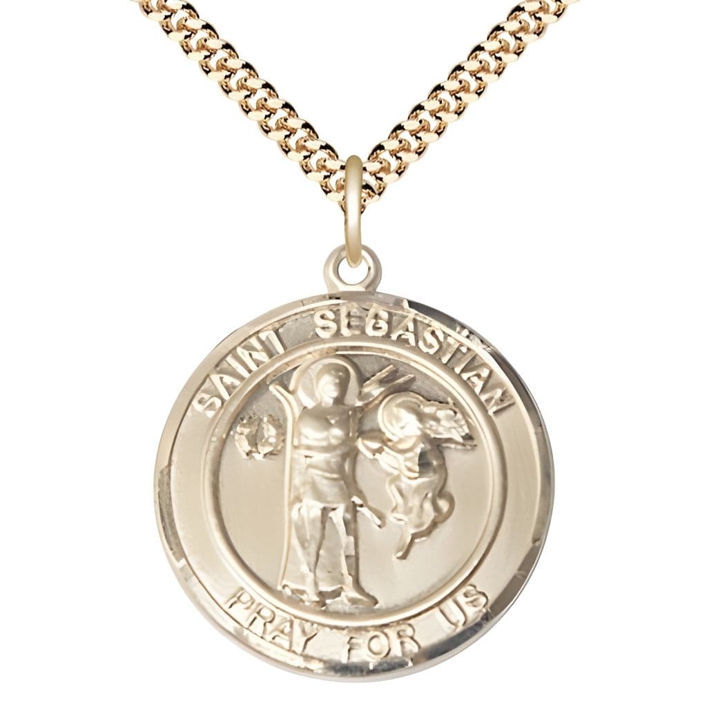 Bliss St. Sebastian 14kt Gold-filled Round Medal Pendant with Gold-plated Chain, Measures 1-inch tall by 7/8-inch wide.