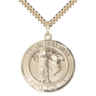 St. Sebastian 14kt Gold-filled Round Medal Pendant with Gold-plated Chain, Measures 1-inch tall by 7/8-inch wide, Bliss Manufacturing