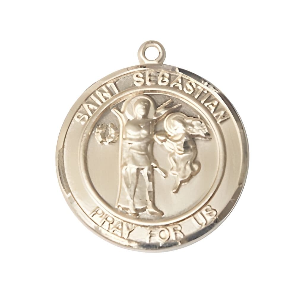 Bliss St.  Sebastian with an Angel 14kt Gold Round Medal Pendant, Measures 1-inch tall by 7/8-inch wide.