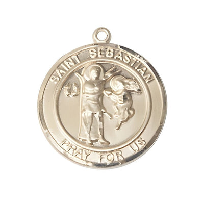 St. Sebastian with an Angel 14kt Gold Round Medal Pendant, Measures 1-inch tall by 7/8-inch wide, Bliss Manufacturing