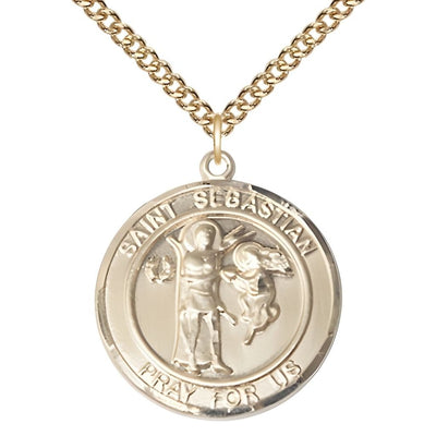St. Sebastian with an Angel 14kt Gold Round Medal Pendant with 14kt Gold Chain, Measures 1-inch tall by 7/8-inch wide, Bliss Manufacturing