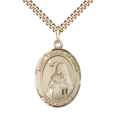 St Teresa of Avila Large Gold-filled Oval Engravable Medal Necklace with Gold-Plated Chains, Bliss Manufacturing