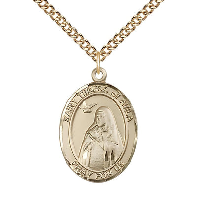 St Teresa of Avila Large Gold-filled Oval Engravable Medal Necklace with Gold-filled Chains, Bliss Manufacturing