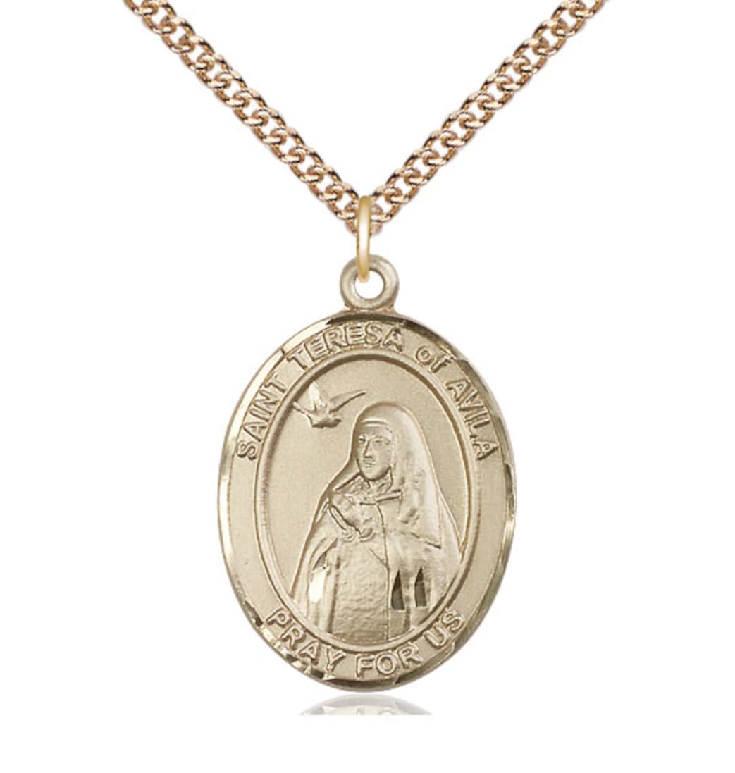 Bliss Large 14kt Gold St Teresa of Avila Pendant on a 24 inch 14kt Gold Heavy Curb Chain,