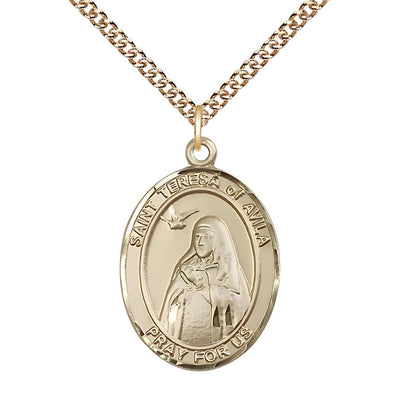 Large 14kt Gold St Teresa of Avila Pendant on a 24 inch 14kt Gold Heavy Curb Chain, Bliss Manufacturing