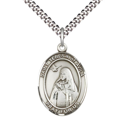 St Teresa of Avila Large Pewter Oval Engravable Medal Necklace with Plated Chains, Bliss Manufacturing