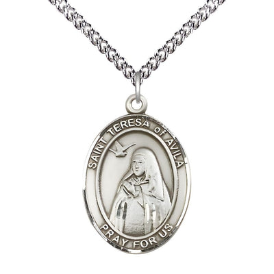 St Teresa of Avila Large Sterling Silver Oval Engravable Medal Necklace with Sterling Silver Curb Chains, Bliss Manufacturing