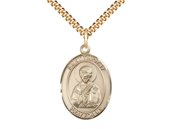 Large Bliss 14kt Gold Filled St Timothy Pendant on a 24 inch Gold Plate Heavy Curb Chain,