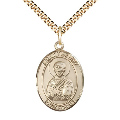 St. Timothy 14kt Gold-filled Oval Medal Pendant with Gold-plated Chain, Measures 1-inch tall by 3/4-inch wide, Bliss Manufacturing