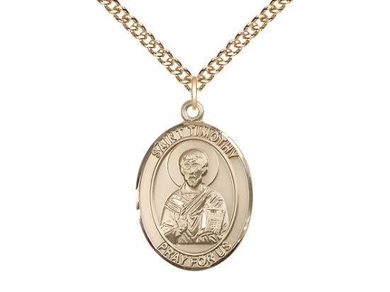 Large Bliss 14kt Gold Filled St Timothy Pendant on a 24 inch Gold Filled Heavy Curb Chain,