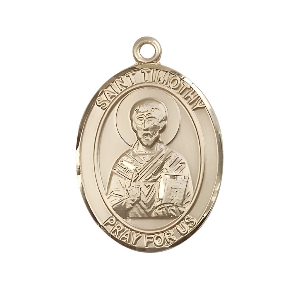 Bliss St. Timothy 14kt Gold Oval Medal Pendant, Measures 1-inch tall by 3/4-inch wide.