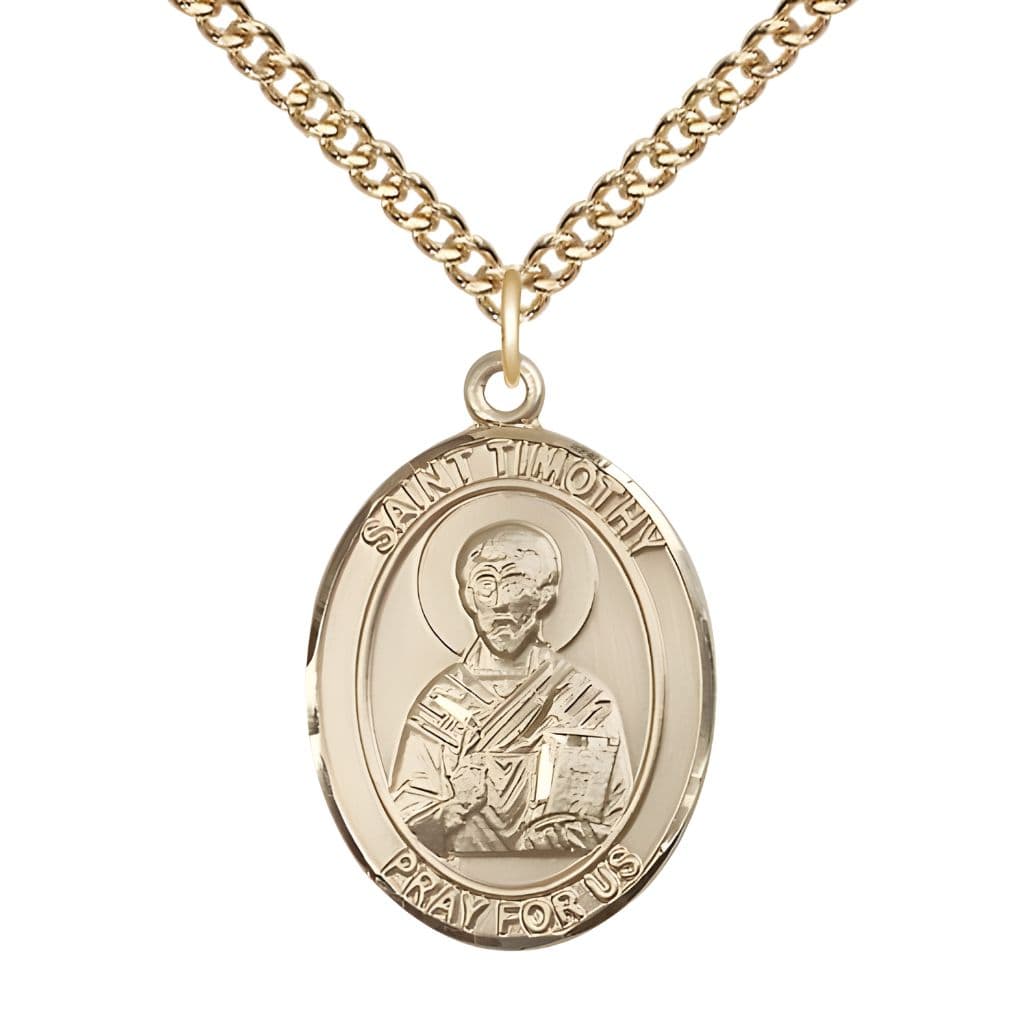 Bliss St. Timothy 14kt Gold Oval Medal Pendant with 14kt Gold Chain, Measures 1-inch tall by 3/4-inch wide.