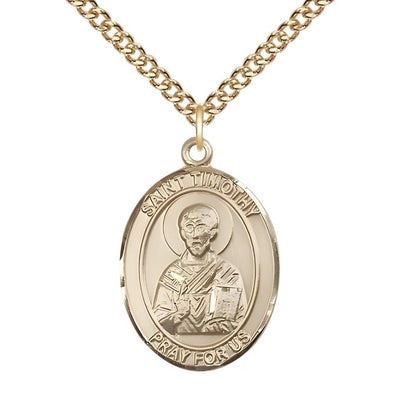 St. Timothy 14kt Gold Oval Medal Pendant with 14kt Gold Chain, Measures 1-inch tall by 3/4-inch wide, Bliss Manufacturing