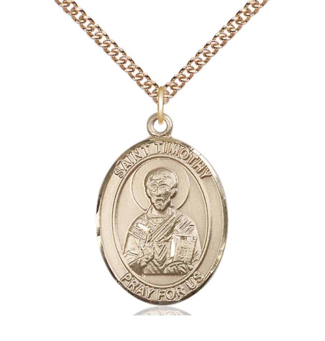 Bliss Large 14kt Gold St Timothy Pendant on a 24 inch 14kt Gold Heavy Curb Chain,