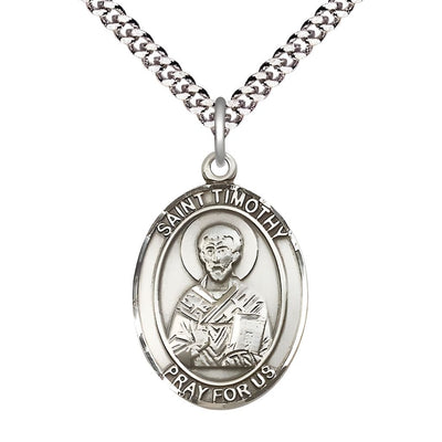 St. Timothy Pewter Oval Medal Pendant with Rhodium-plated Chain, Measures 1-inch tall by 3/4-inch wide, Bliss Manufacturing